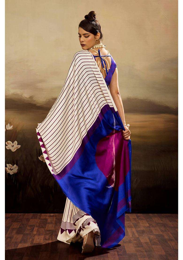 White Satin Stripes Saree with Unstitched Blouse for Women Casual Wear - Indya
