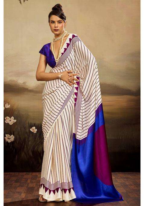 White Satin Stripes Saree with Unstitched Blouse for Women Casual Wear