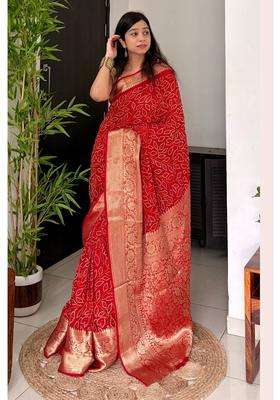 Canary Red Bandhani Silk Saree for Women Casual Wear