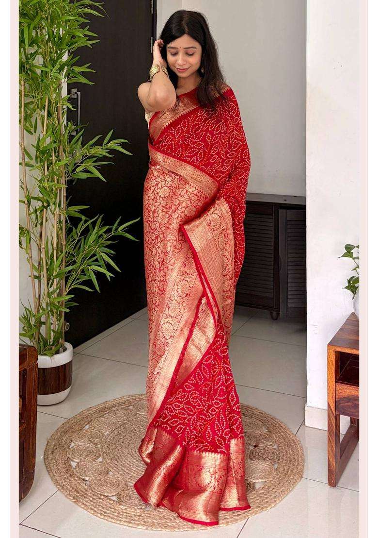 Canary Red Bandhani Silk Saree for Women Casual Wear - Indya