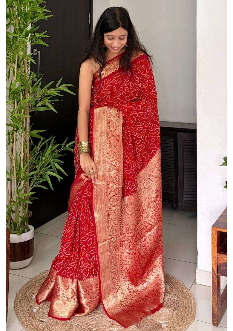 Canary Red Bandhani Silk Saree for Women Casual Wear - Indya