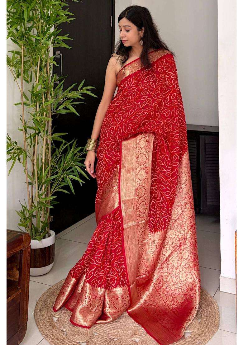 Canary Red Bandhani Silk Saree for Women Casual Wear - Indya