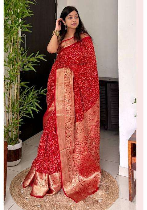 Canary Red Bandhani Silk Saree for Women Casual Wear