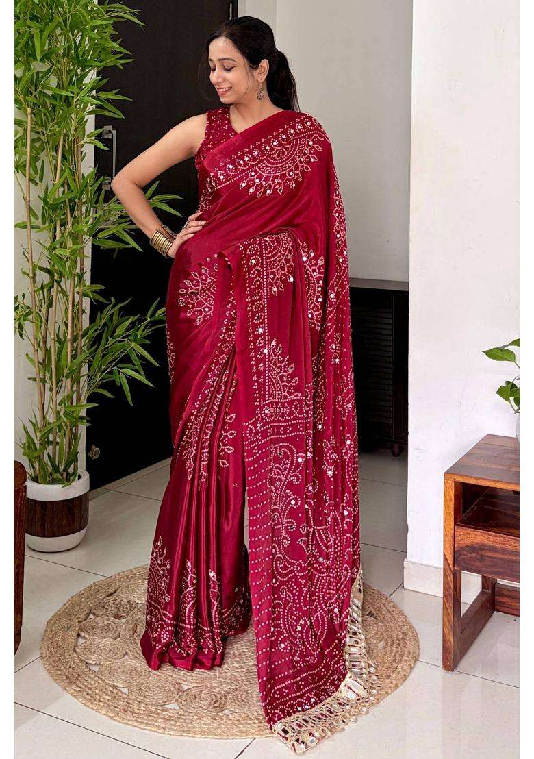 Coral Red Bandhani Gaji Satin Mirror Work Silk Crepe Saree for Women Casual Wear - Indya