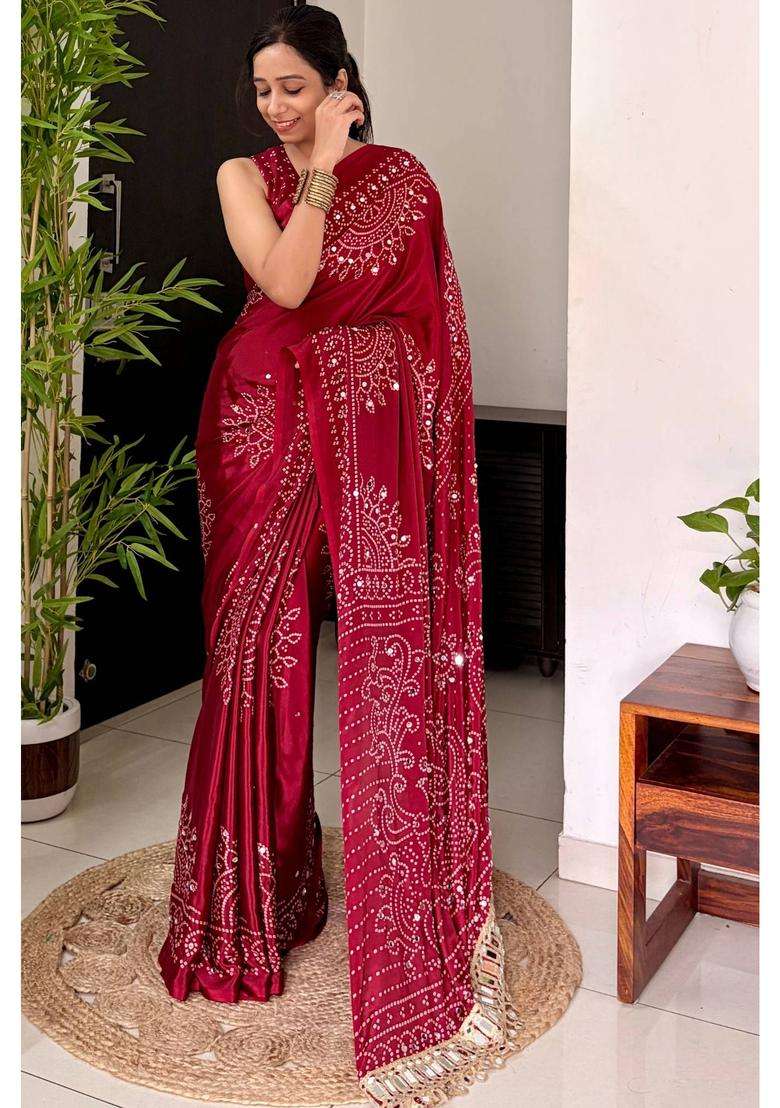 Coral Red Bandhani Gaji Satin Mirror Work Silk Crepe Saree for Women Casual Wear - Indya
