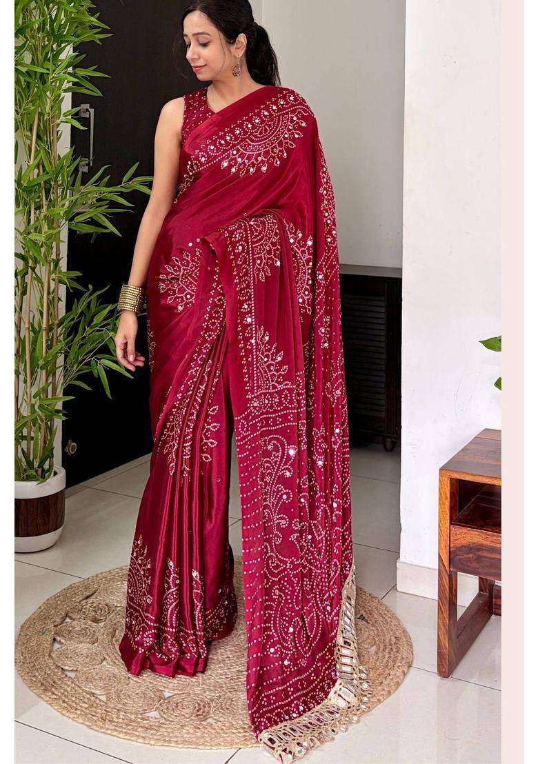 Coral Red Bandhani Gaji Satin Mirror Work Silk Crepe Saree for Women Casual Wear - Indya