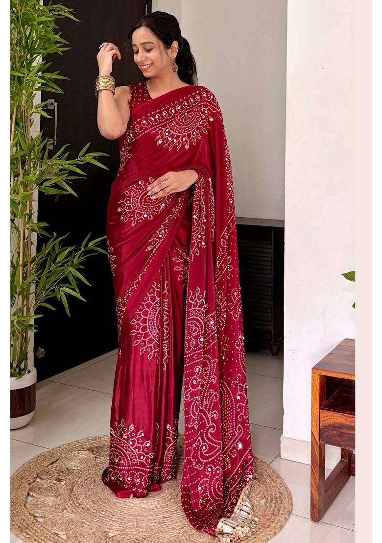 Coral Red Bandhani Gaji Satin Mirror Work Silk Crepe Saree for Women Casual Wear - Indya