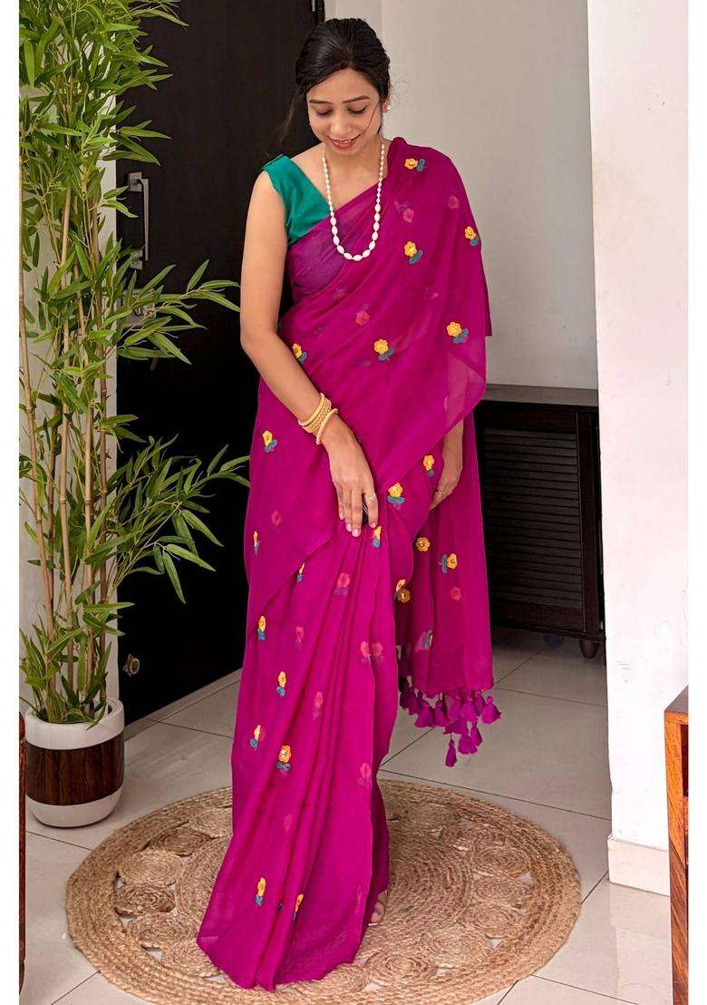 Flamingo Pink Mul Cotton Floral and Sequin Work Woven Saree for Women Casual Wear - Indya