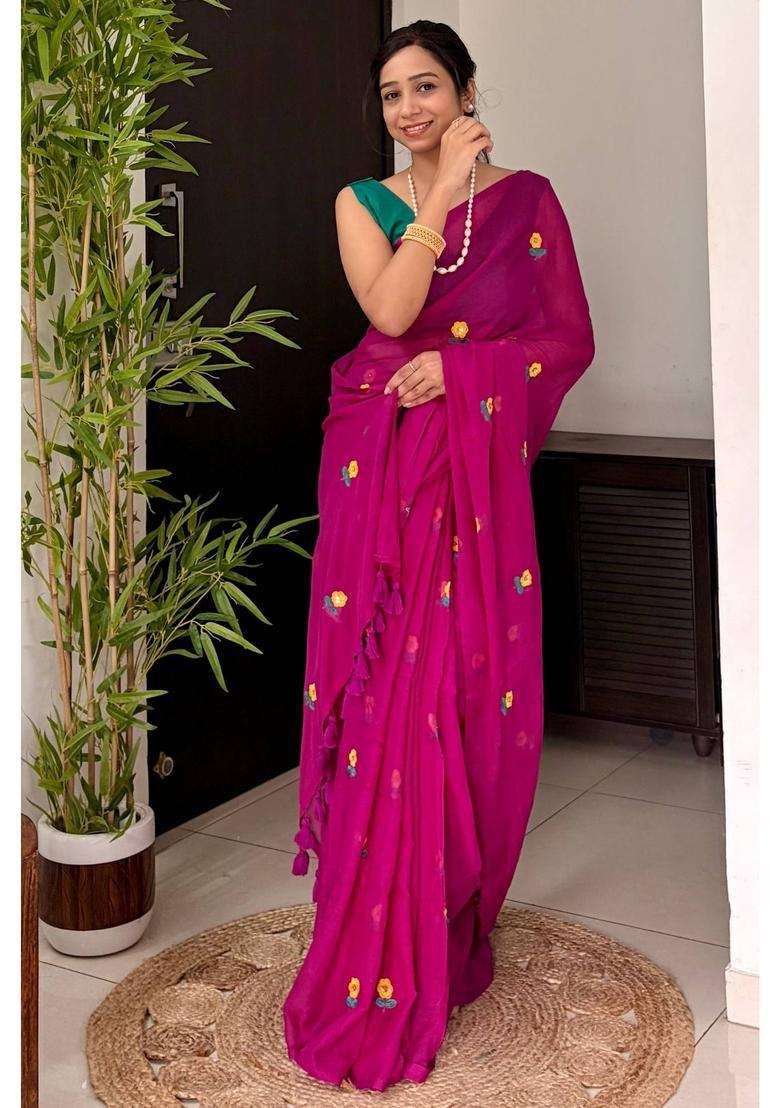 Flamingo Pink Mul Cotton Floral and Sequin Work Woven Saree for Women Casual Wear - Indya
