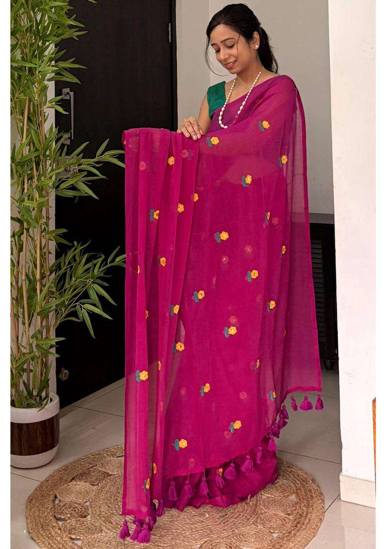 Flamingo Pink Mul Cotton Floral and Sequin Work Woven Saree for Women Casual Wear - Indya