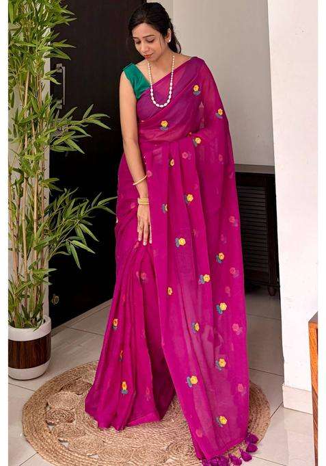 Flamingo Pink Mul Cotton Floral and Sequin Work Woven Saree for Women Casual Wear