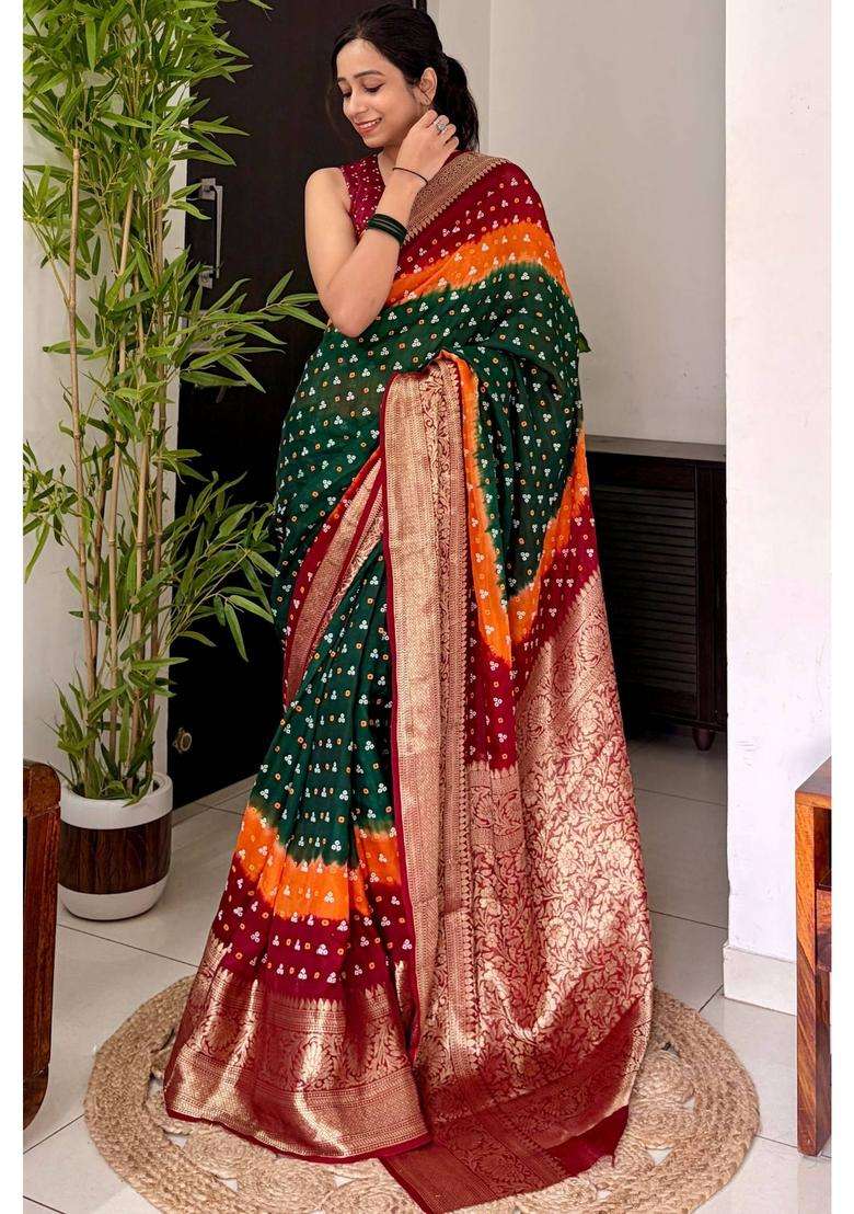 Hunter Green and Orange Bandhani Zari Silk Saree for Women Casual Wear - Indya