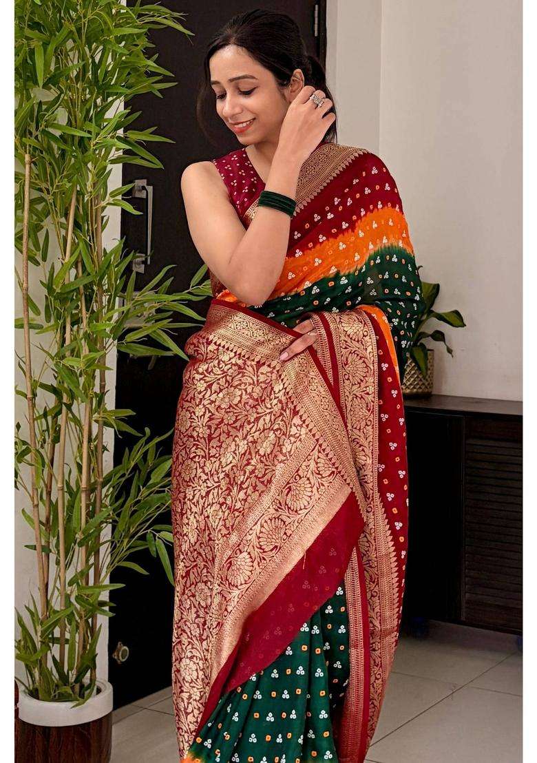 Hunter Green and Orange Bandhani Zari Silk Saree for Women Casual Wear - Indya