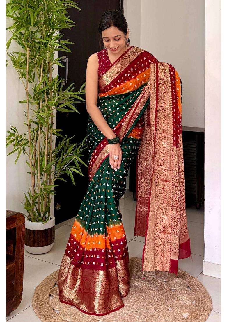 Hunter Green and Orange Bandhani Zari Silk Saree for Women Casual Wear - Indya