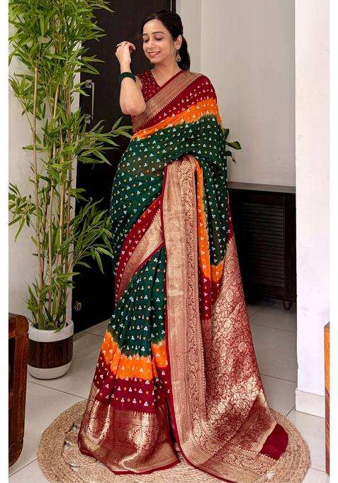 Hunter Green and Orange Bandhani Zari Silk Saree for Women Casual Wear