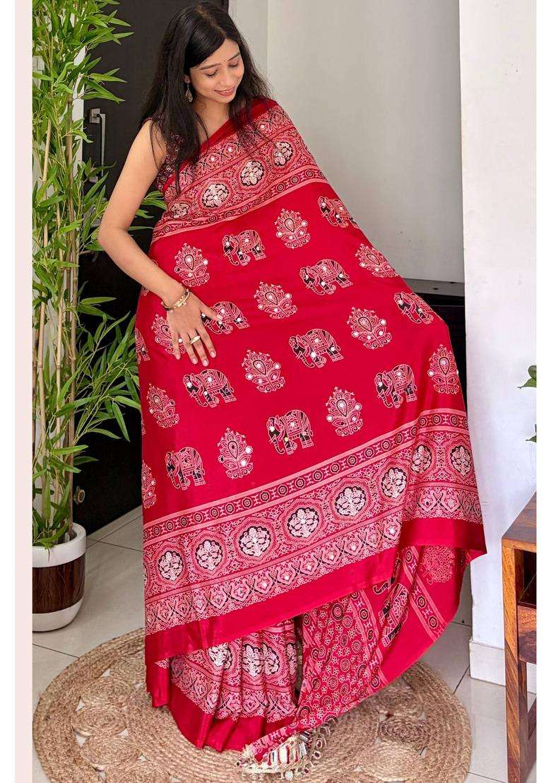 Jam Red Ajrakh Satin Printed Mirror Work Saree for Women Casual Wear - Indya