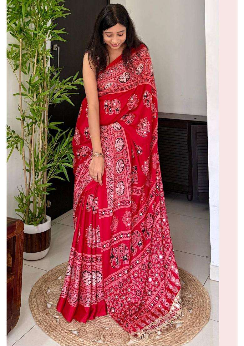 Jam Red Ajrakh Satin Printed Mirror Work Saree for Women Casual Wear - Indya