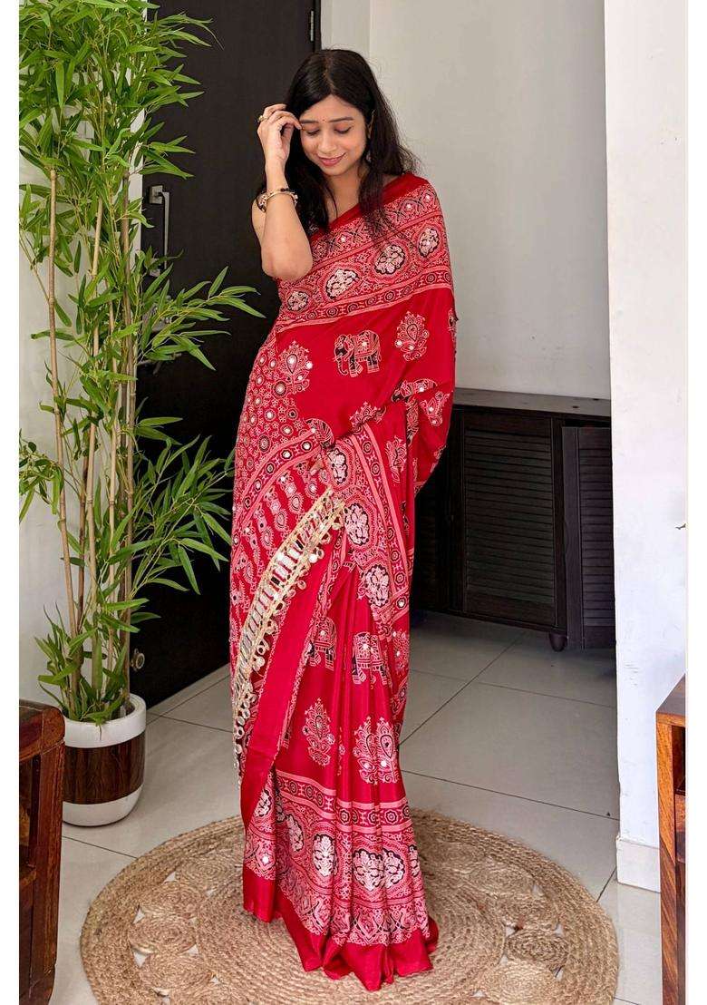 Jam Red Ajrakh Satin Printed Mirror Work Saree for Women Casual Wear - Indya