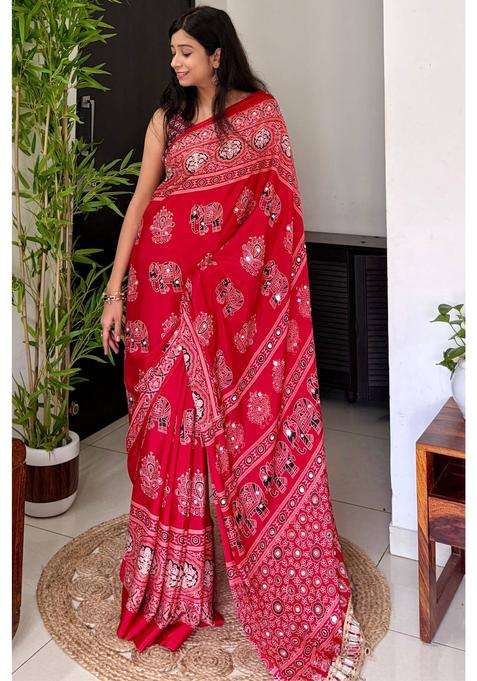 Jam Red Ajrakh Satin Printed Mirror Work Saree for Women Casual Wear