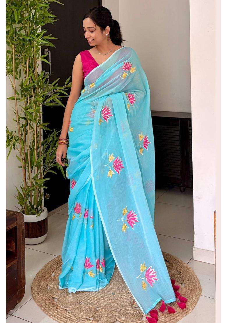 Ocean Blue Pure Mul Cotton Lotus Sequin Work Saree for Women Casual Wear - Indya