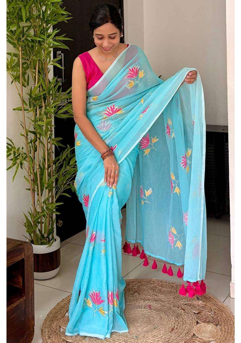 Ocean Blue Pure Mul Cotton Lotus Sequin Work Saree for Women Casual Wear - Indya