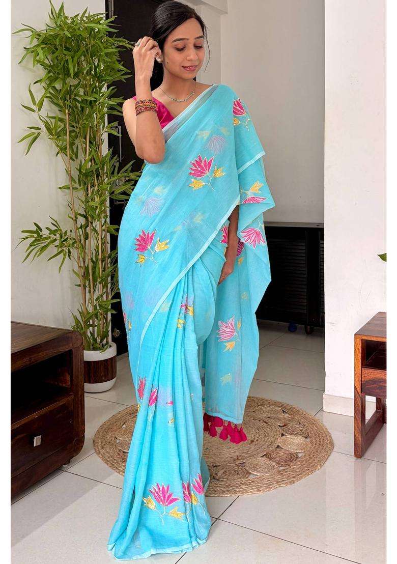 Ocean Blue Pure Mul Cotton Lotus Sequin Work Saree for Women Casual Wear - Indya