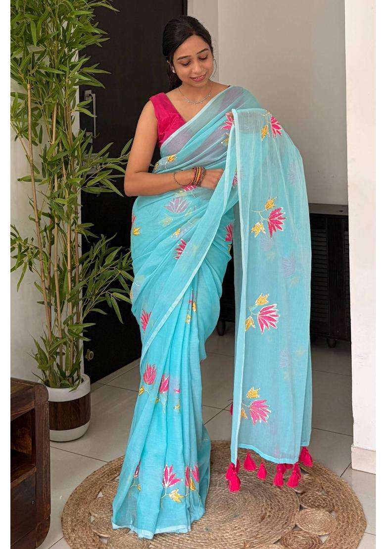 Ocean Blue Pure Mul Cotton Lotus Sequin Work Saree for Women Casual Wear - Indya