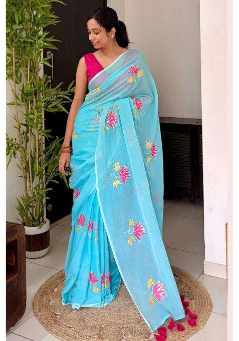 Ocean Blue Pure Mul Cotton Lotus Sequin Work Saree for Women Casual Wear