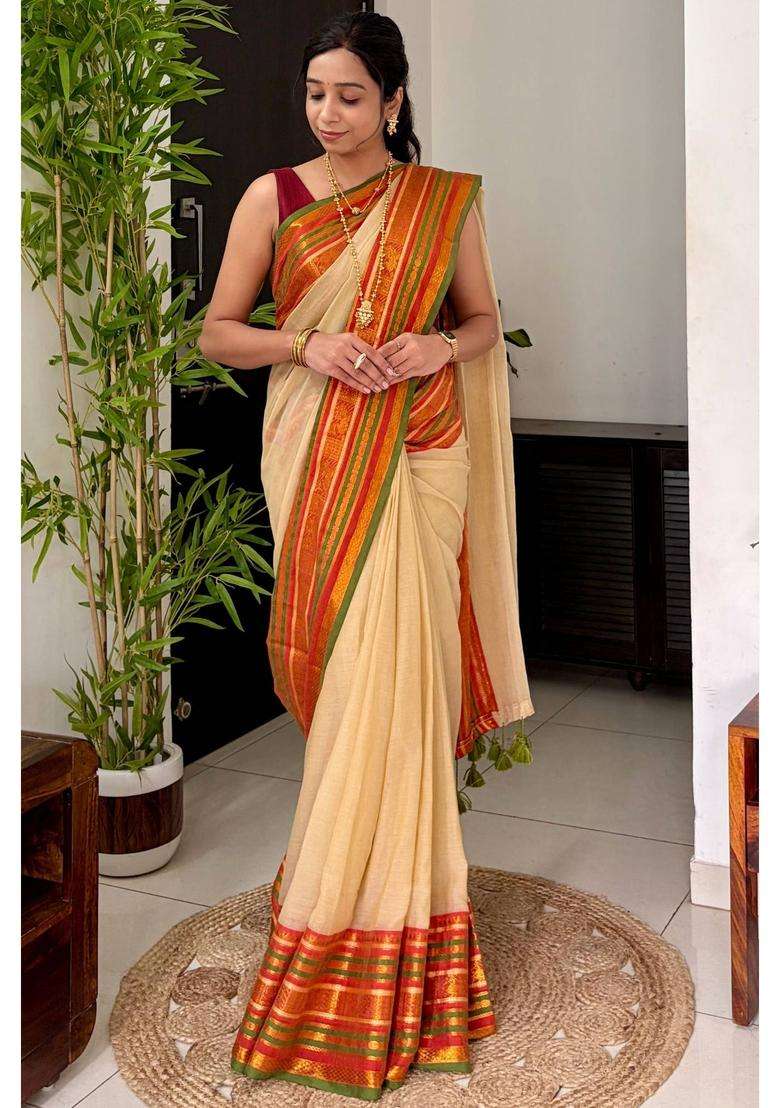 Pistachio Cream Mul Cotton Saree for Women Casual Wear - Indya