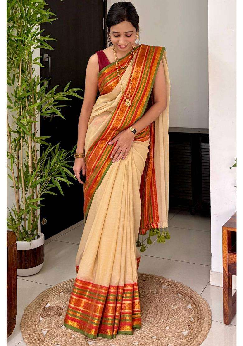 Pistachio Cream Mul Cotton Saree for Women Casual Wear - Indya