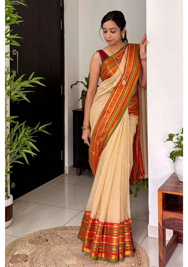 Pistachio Cream Mul Cotton Saree for Women Casual Wear - Indya