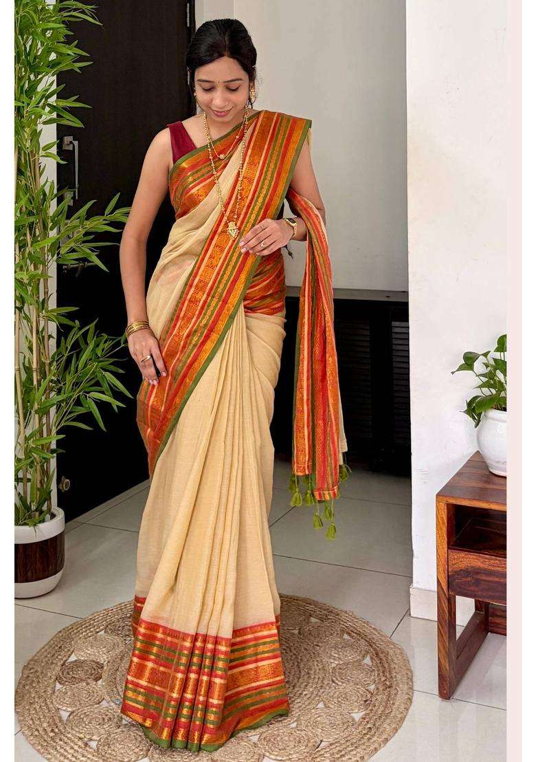 Pistachio Cream Mul Cotton Saree for Women Casual Wear - Indya