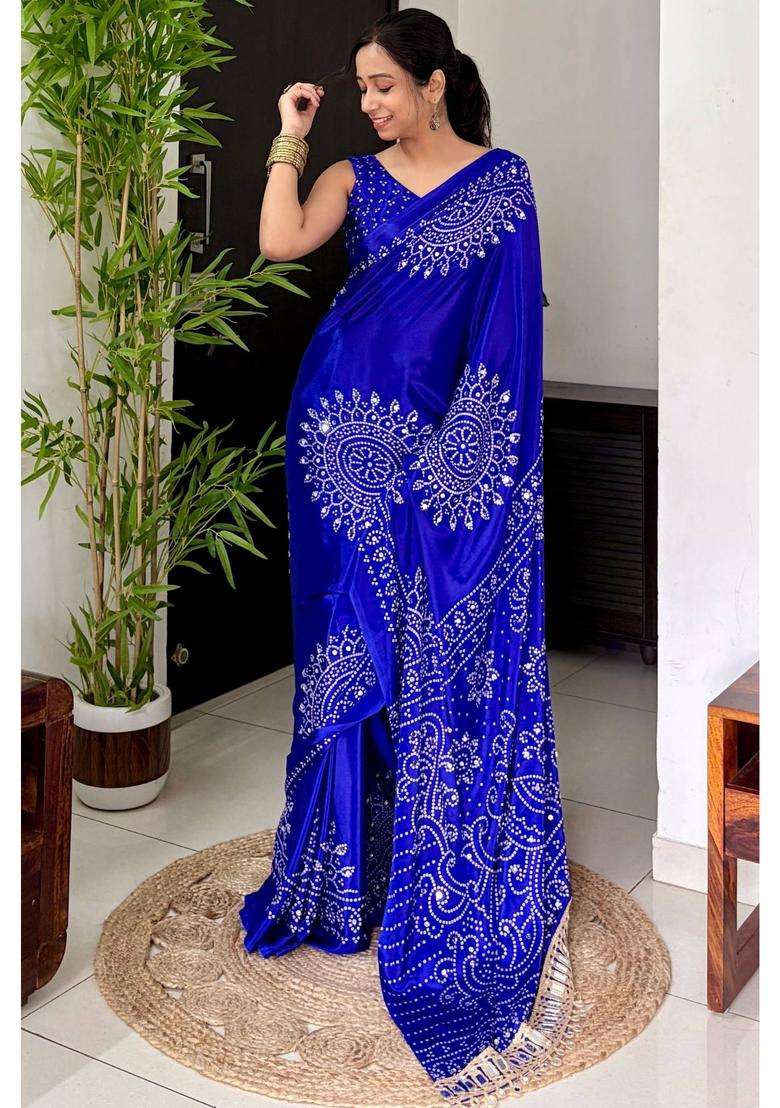Navy Blue Bandhani Gaji Satin Mirror Work Silk Crepe Saree for Women Casual Wear - Indya