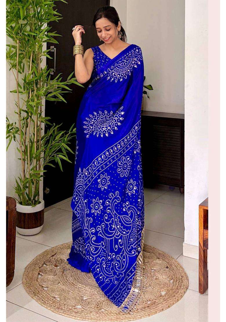 Navy Blue Bandhani Gaji Satin Mirror Work Silk Crepe Saree for Women Casual Wear - Indya