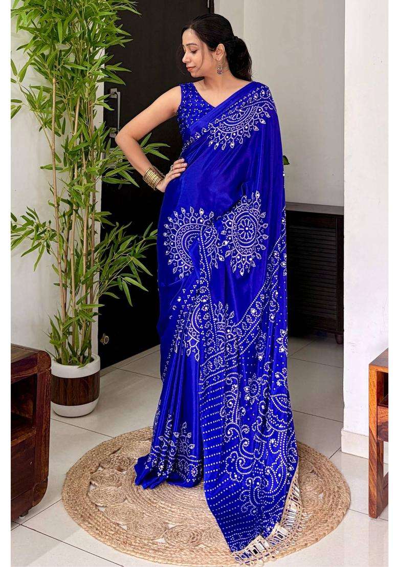 Navy Blue Bandhani Gaji Satin Mirror Work Silk Crepe Saree for Women Casual Wear - Indya