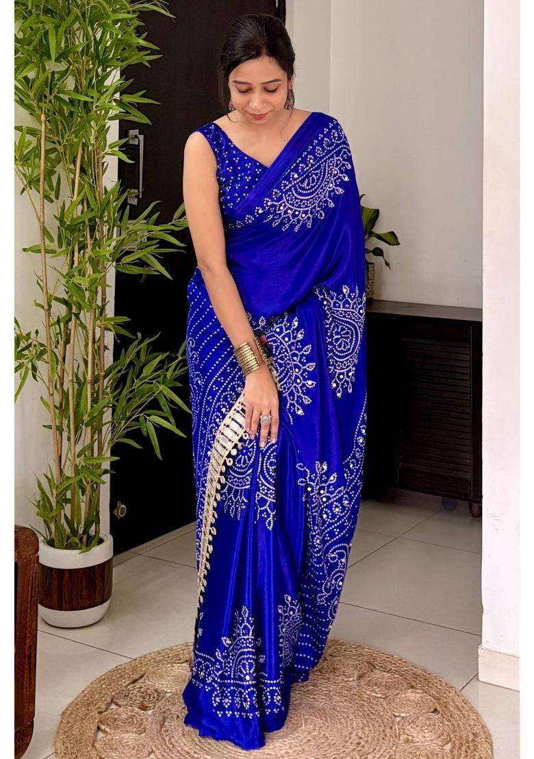 Navy Blue Bandhani Gaji Satin Mirror Work Silk Crepe Saree for Women Casual Wear - Indya