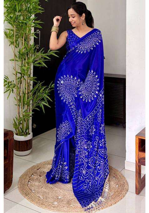 Navy Blue Bandhani Gaji Satin Mirror Work Silk Crepe Saree for Women Casual Wear
