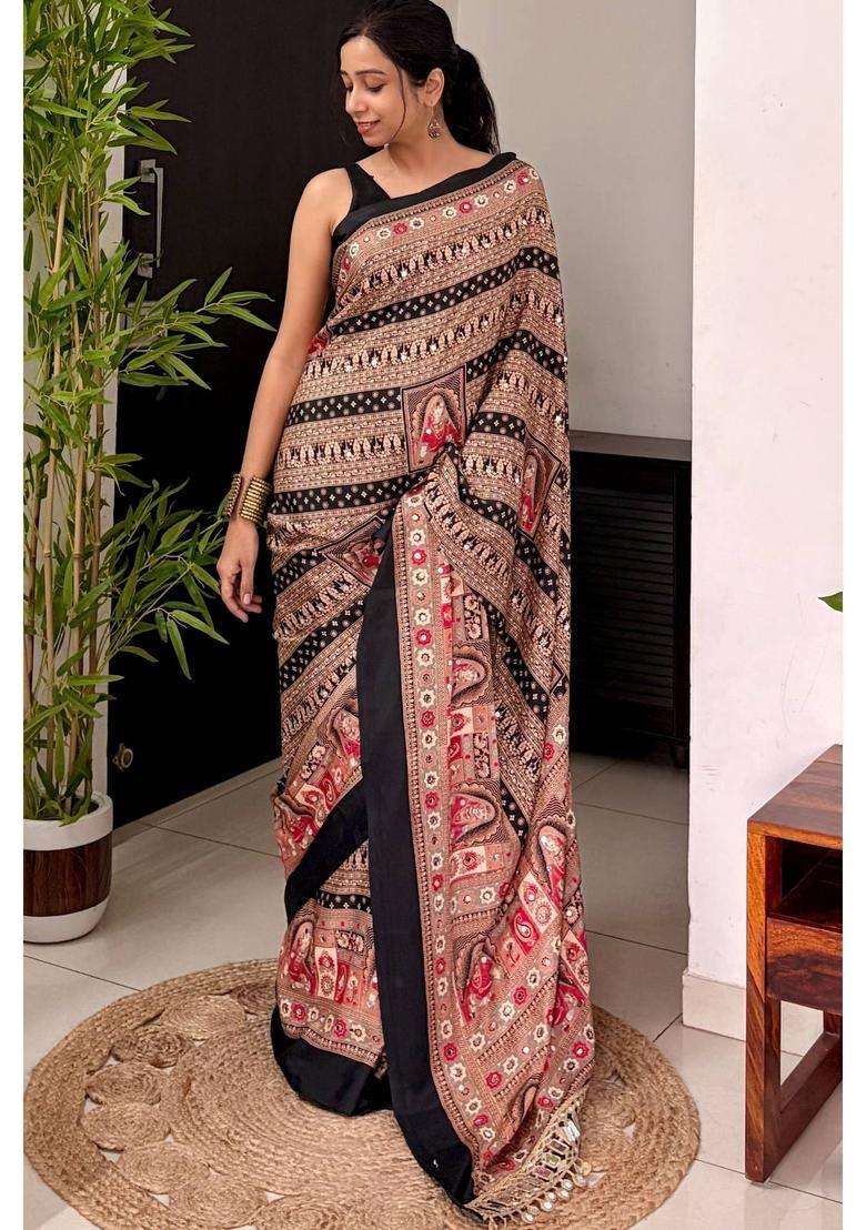 Velvet Black Dulhan Print Satin Mirror Work Saree for Women Casual Wear - Indya
