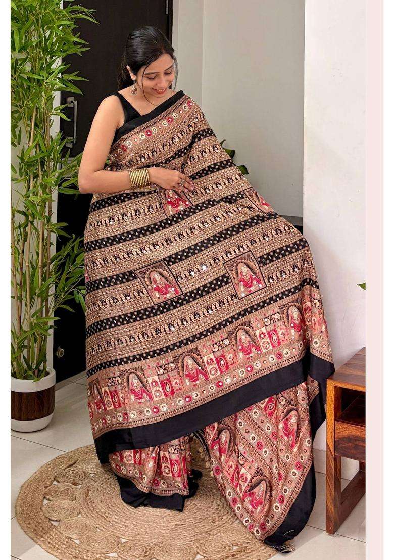 Velvet Black Dulhan Print Satin Mirror Work Saree for Women Casual Wear - Indya
