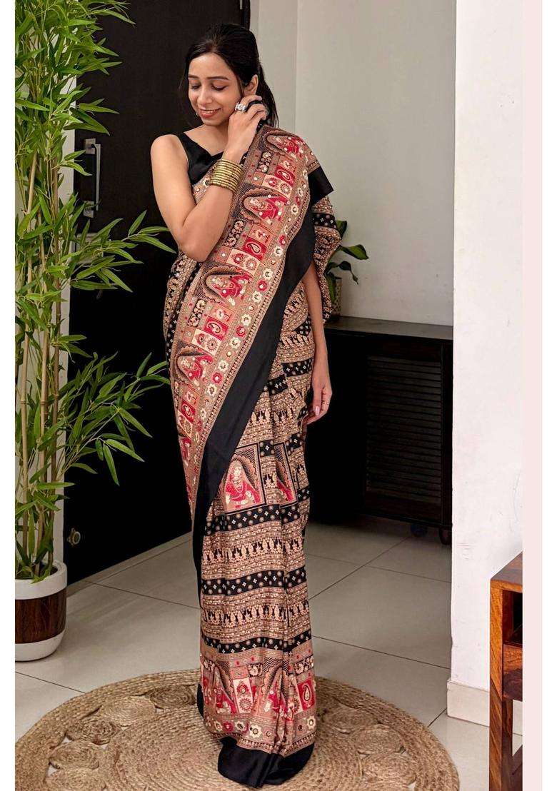 Velvet Black Dulhan Print Satin Mirror Work Saree for Women Casual Wear - Indya