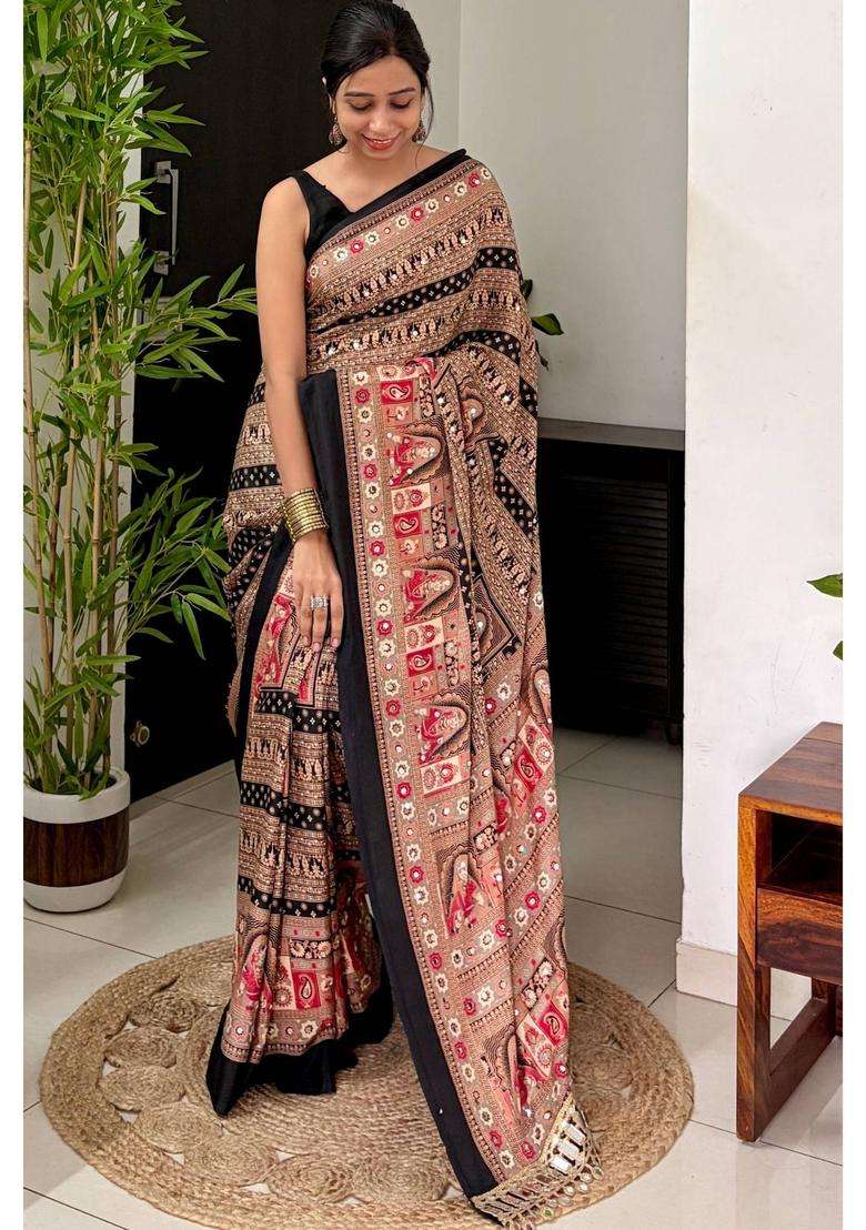 Velvet Black Dulhan Print Satin Mirror Work Saree for Women Casual Wear - Indya