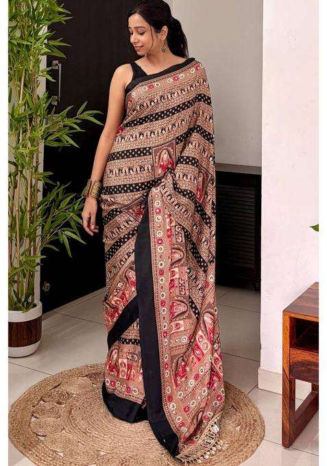 Velvet Black Dulhan Print Satin Mirror Work Saree for Women Casual Wear