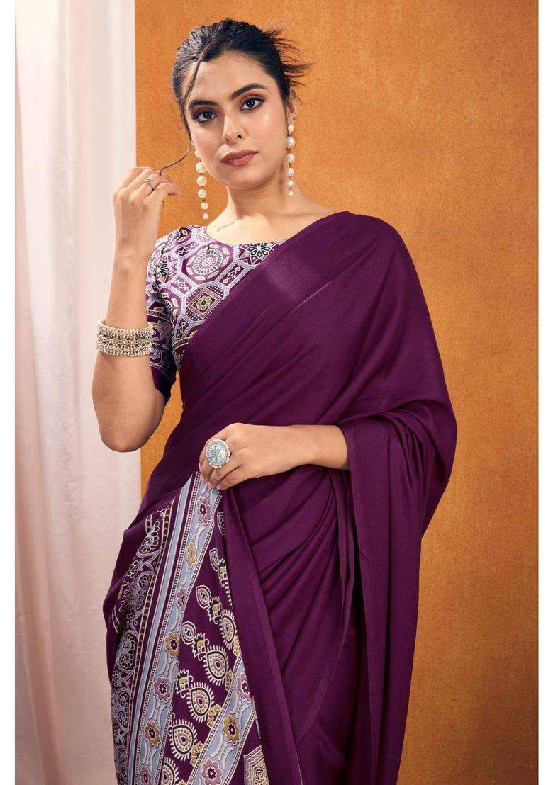 Cosmic Purple Ajrakh Printed Satin Silk Saree and Unstitched Blouse for Women Festive Wear - Indya