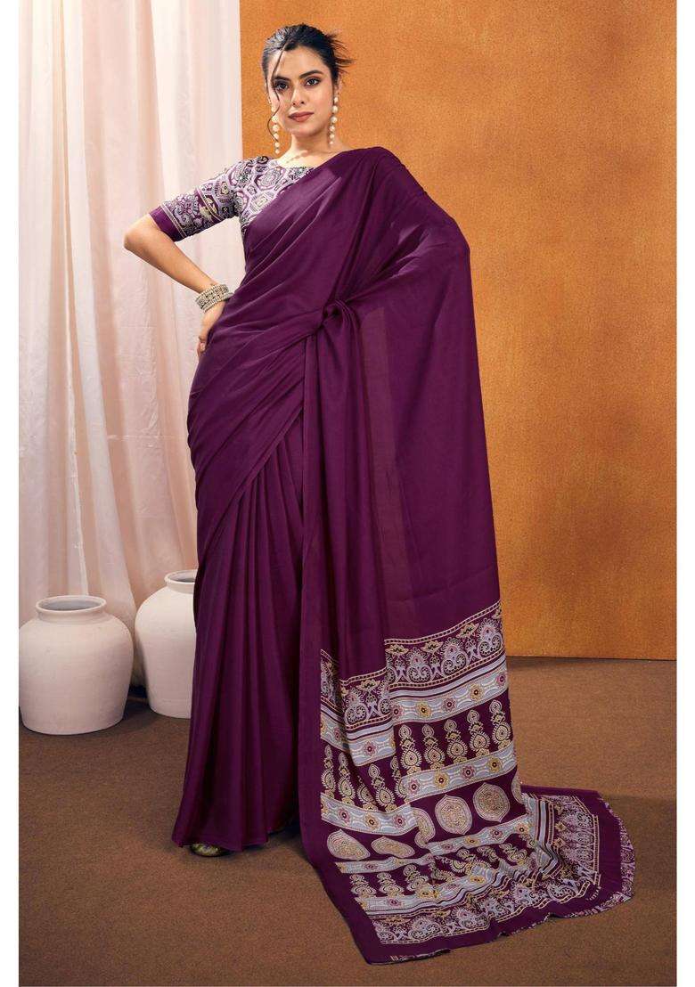 Cosmic Purple Ajrakh Printed Satin Silk Saree and Unstitched Blouse for Women Festive Wear - Indya