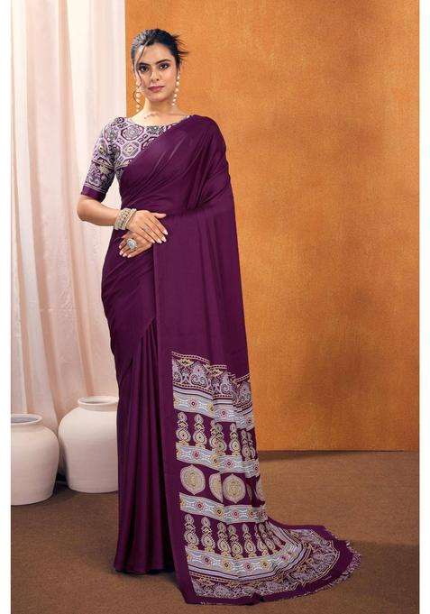 Cosmic Purple Ajrakh Printed Satin Silk Saree and Unstitched Blouse for Women Festive Wear
