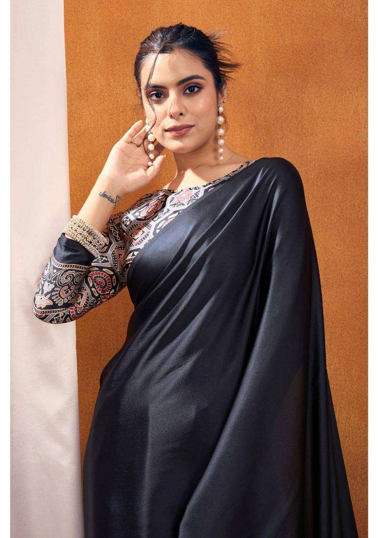 Eleboro Black Ajrakh Printed Satin Silk Saree and Unstitched Blouse for Women Festive Wear - Indya