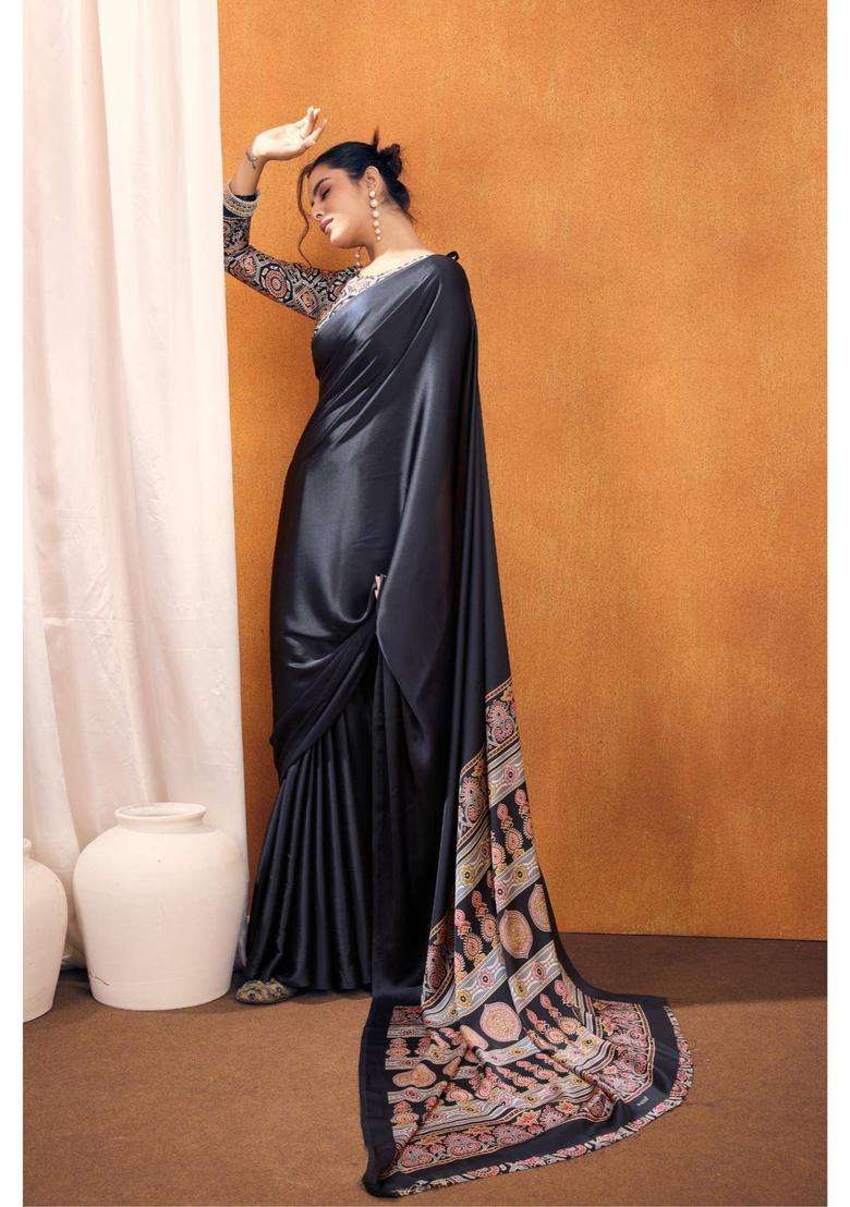 Eleboro Black Ajrakh Printed Satin Silk Saree and Unstitched Blouse for Women Festive Wear - Indya