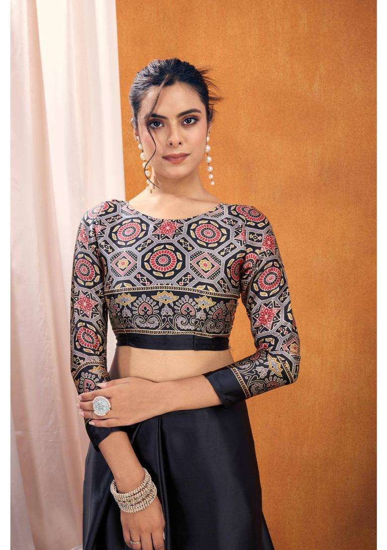 Eleboro Black Ajrakh Printed Satin Silk Saree and Unstitched Blouse for Women Festive Wear - Indya