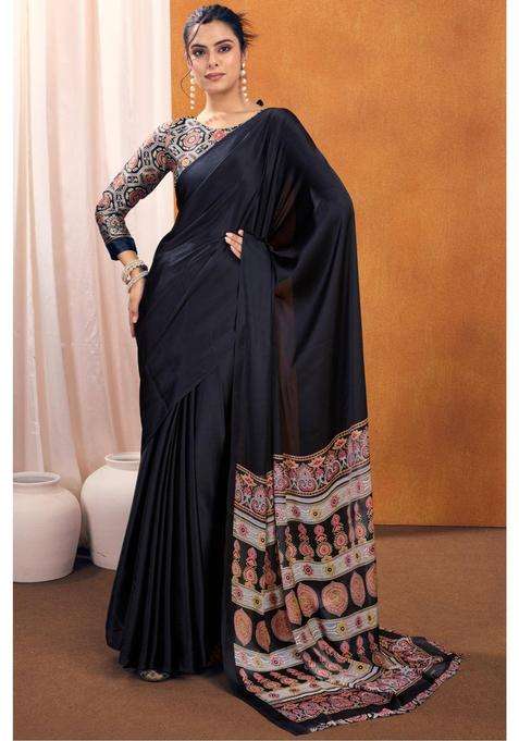 Eleboro Black Ajrakh Printed Satin Silk Saree and Unstitched Blouse for Women Festive Wear