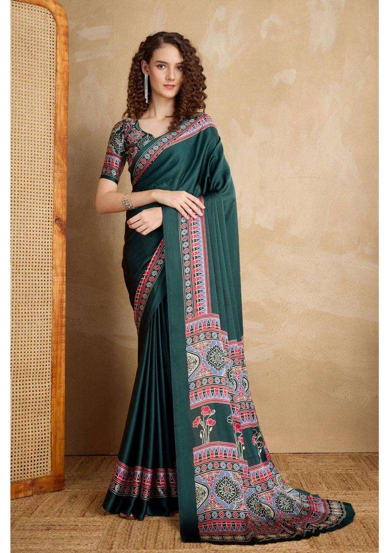 Green Ajrakh Printed Satin Silk Saree and Unstitched Blouse for Women Festive Wear - Indya